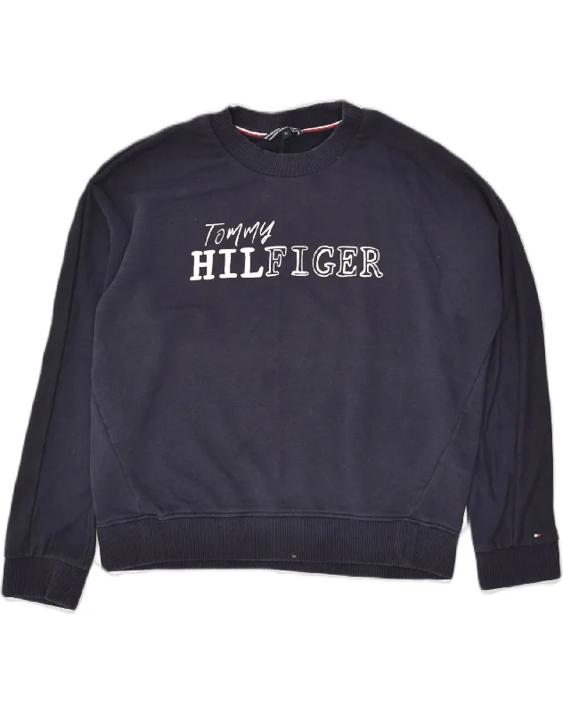 TOMMY HILFIGER Womens Oversized Graphic Sweatshirt Jumper UK 6 XS Blue Hoodie with Tie-Dye Psychedelic Retro