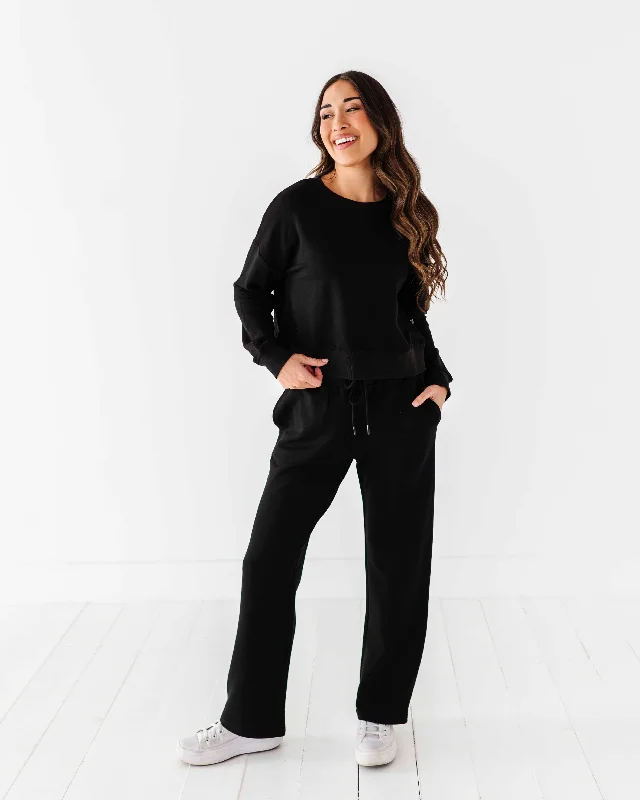 Women's Cropped Sweatshirt & Wide Leg Jogger Pants Set - Black Hoodie with Illustration Artistic Creative