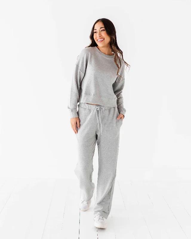 Women's Cropped Sweatshirt & Wide Leg Jogger Pants Set - Heather Grey Hoodie with Button Classic Timeless