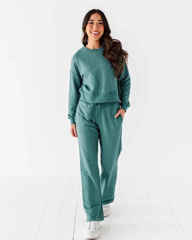 Women's Cropped Sweatshirt & Wide Leg Jogger Pants Set - Teal Hoodie with Ribbed Cuffs Snug Fit Comfort