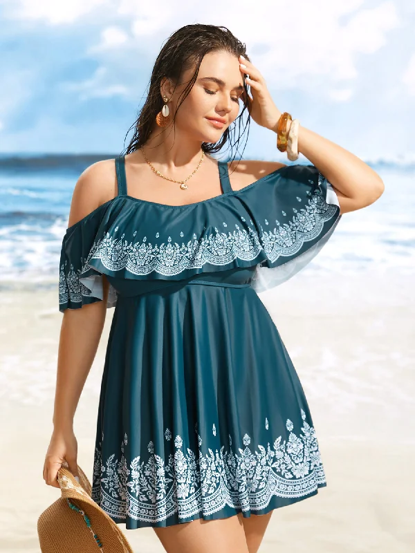 Boho Print Off Shoulder Ruffle Trim Swim Dress Crisscross Back Swimsuit