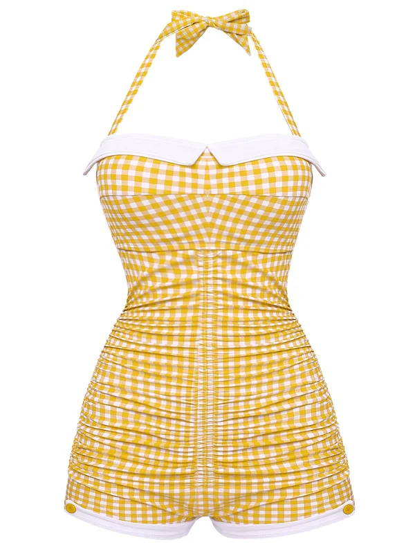 Gingham 1950s Halter Bowknot One-piece Swimsuit Mesh Detail Bikini