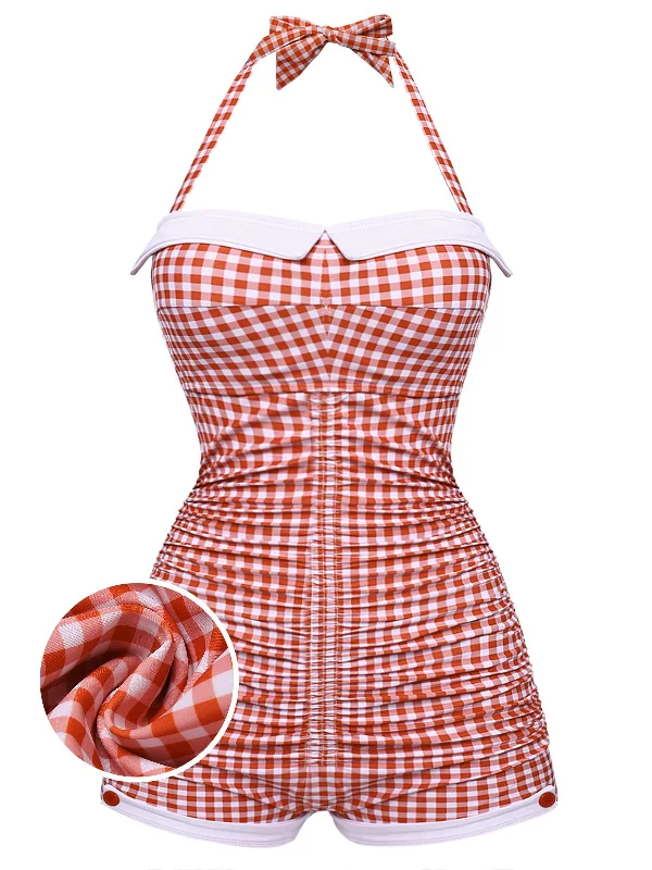 Gingham 1950s Halter Bowknot One-piece Swimsuit Halter Top Bikini