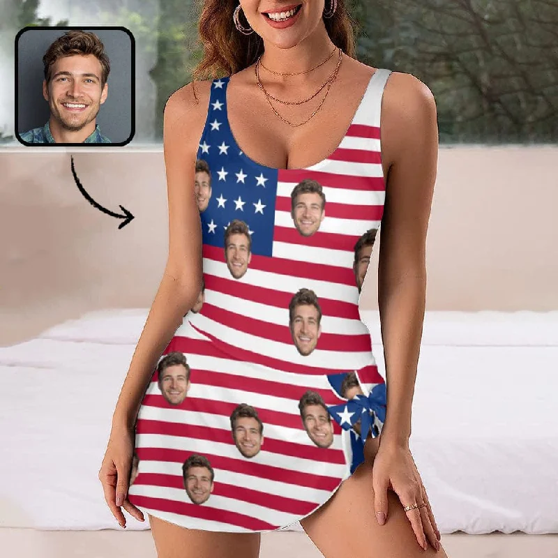 Custom Face American Flag Pattern Women's One Piece Skirted Swimsuit Reversible Bikini Set