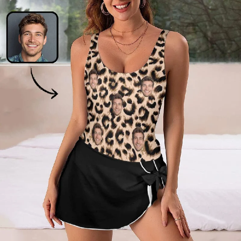 Custom Face Leopard Pattern Top Women's One Piece Skirted Swimsuit Soft Beachwear Set