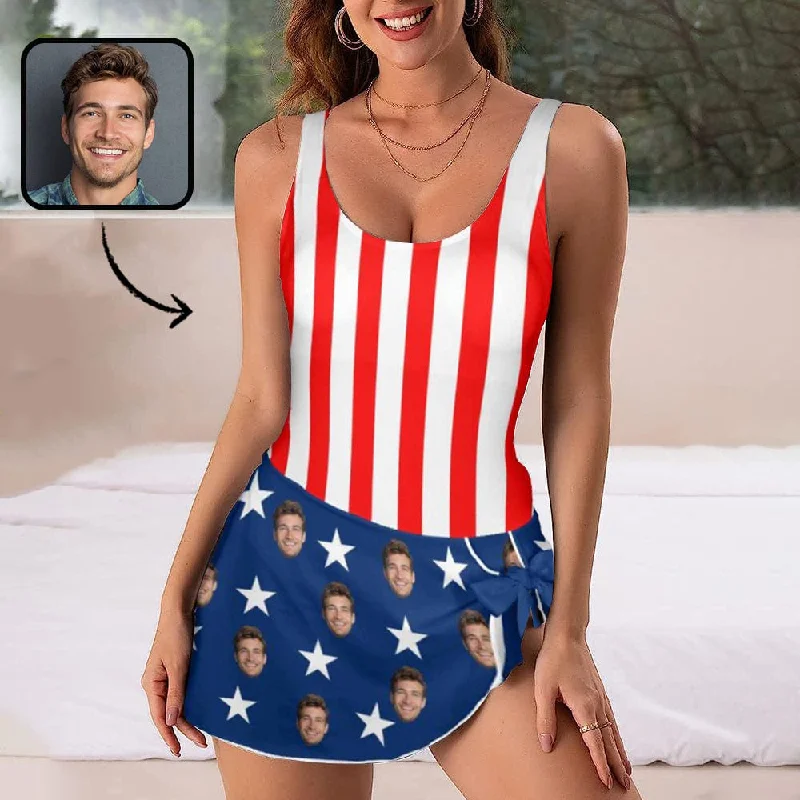 Custom Face Stripes & Stars Women's One Piece Skirted Swimsuit Classic Swimsuit Design