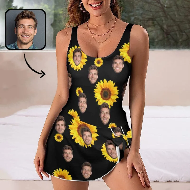 Custom Face Sunflowers Women's One Piece Skirted Swimsuit High-Waist Bikini Set