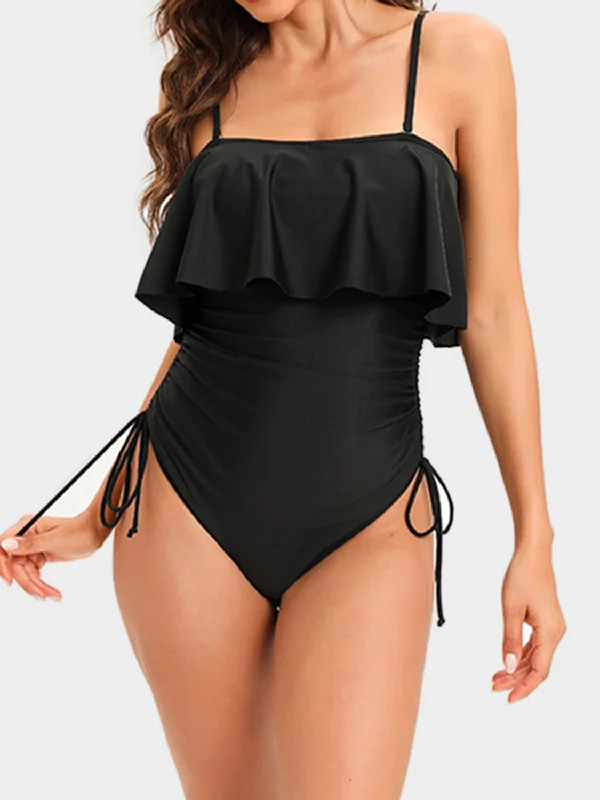 Drawstring Layered Spaghetti Strap One-Piece Swimwear Button-Front Swimsuit