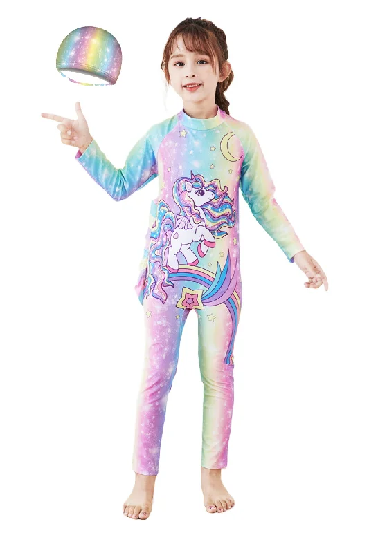 Fancydresswale Girls Full body cover Swimming costume- Unicorn Rainbow Sleek Full Coverage