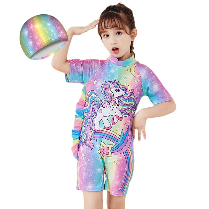 Fancydresswale Girls Swimsuits Half Sleeve Swimwear with Matching Cap -Unicorn Rainbow Tie-Back Swimwear