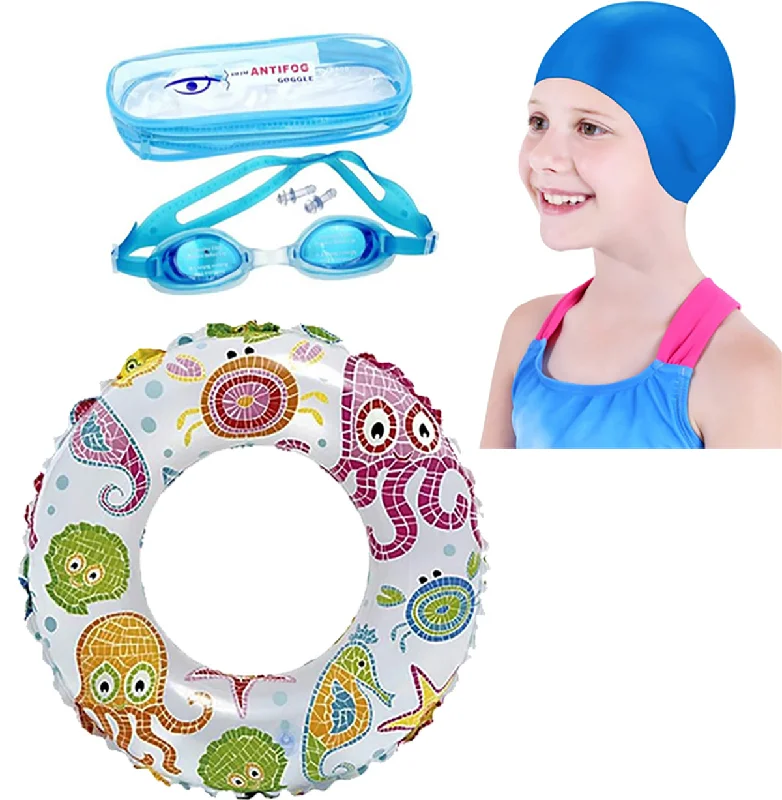 Fancydresswale Swimming Set for Kids with Swimming Goggles, Cap and Swim Ring, Random Colors and Design; Suitable of 3-6 Years Adjustable Strap Swimsuit