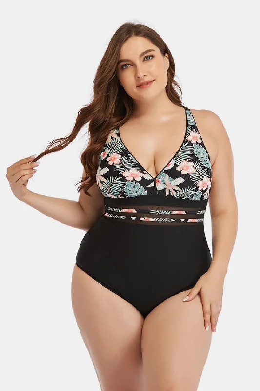 Full Size Floral Cutout One-Piece Swimsuit Comfortable Swim Shorts