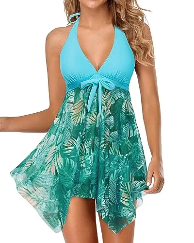 Halter Swim Dress Mesh Tankini Swimusits Modern High-Waisted Swimsuit