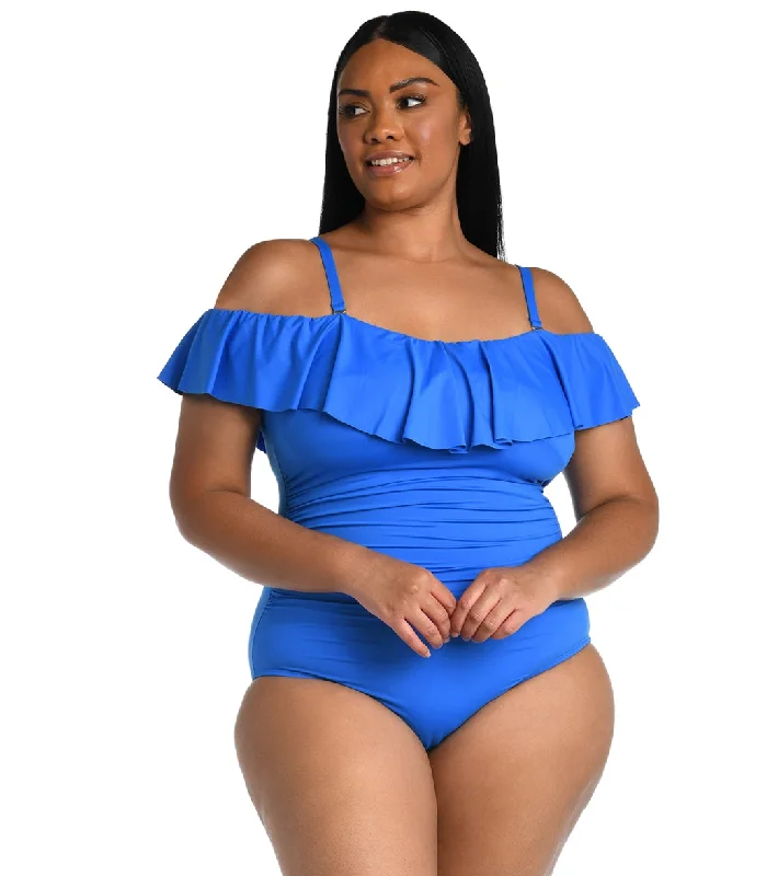 La Blanca Plus Size Island Goddess Off Shoulder Ruffle One Piece Swimsuit Chic Beach Cover-Up