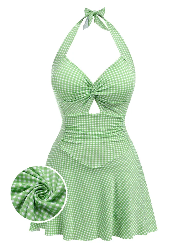 Light Green 1930s Plaid Halter One-Piece Swimsuit Button-Front Swimsuit