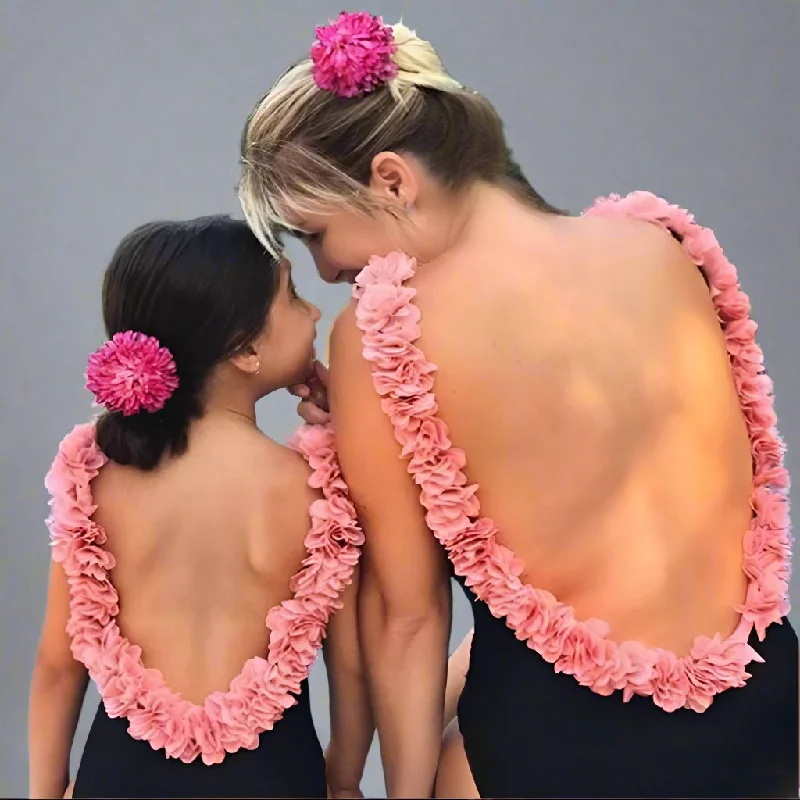 Mother-Daughter Floral Ruffle Swimsuit Set – Elegant Backless One-Piece in Black, White, and Pink Floral Print Swimsuit