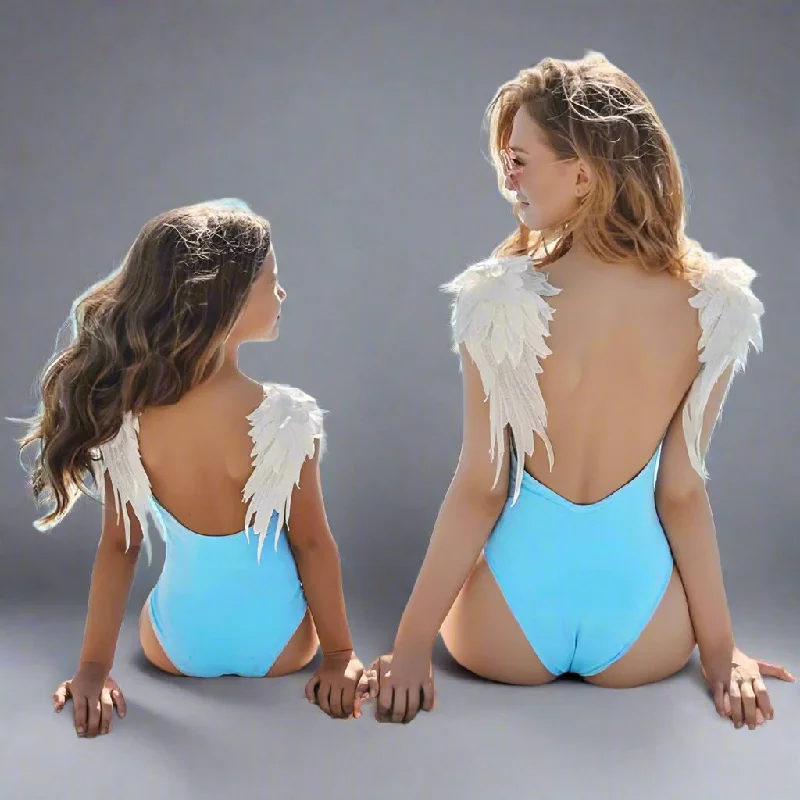 Matching Angel Wings Swimsuit for Mother & Daughter – Elegant One-Piece Bathing Suit Flirty Ruffle Swimsuit