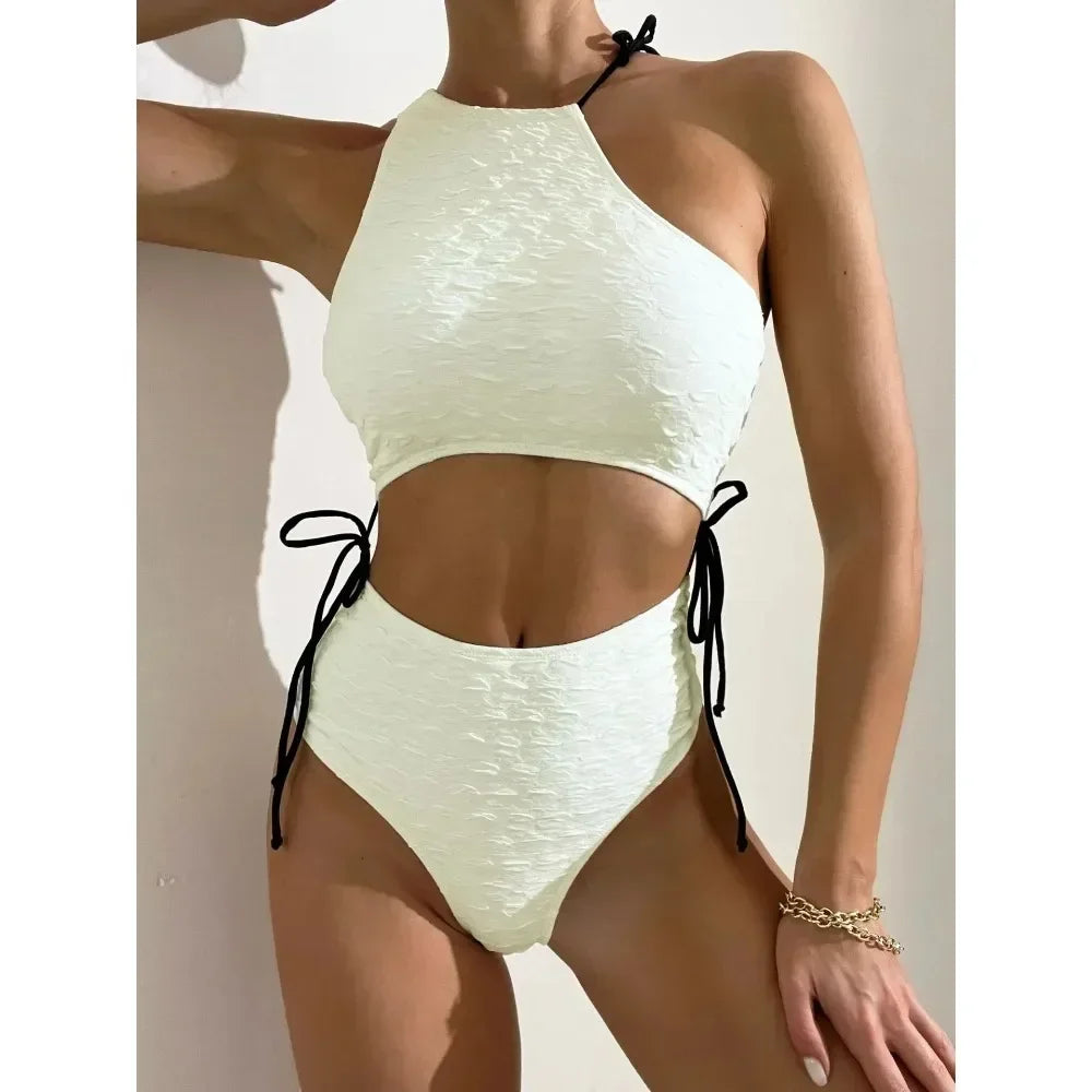 New Women Solid Color Sexy Tight Lace-up Swimsuit Exposed Waist Durable One-piece Swimsuit Classic One-Piece