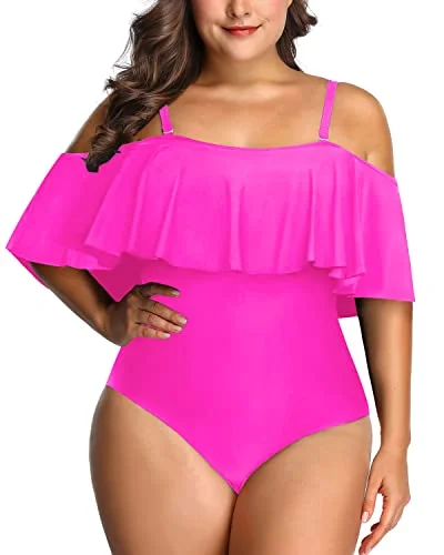 Cute Off Shoulder Flounce Swimwear For Women Plus Size One Piece-Neon Pink Swim Dress with Belt