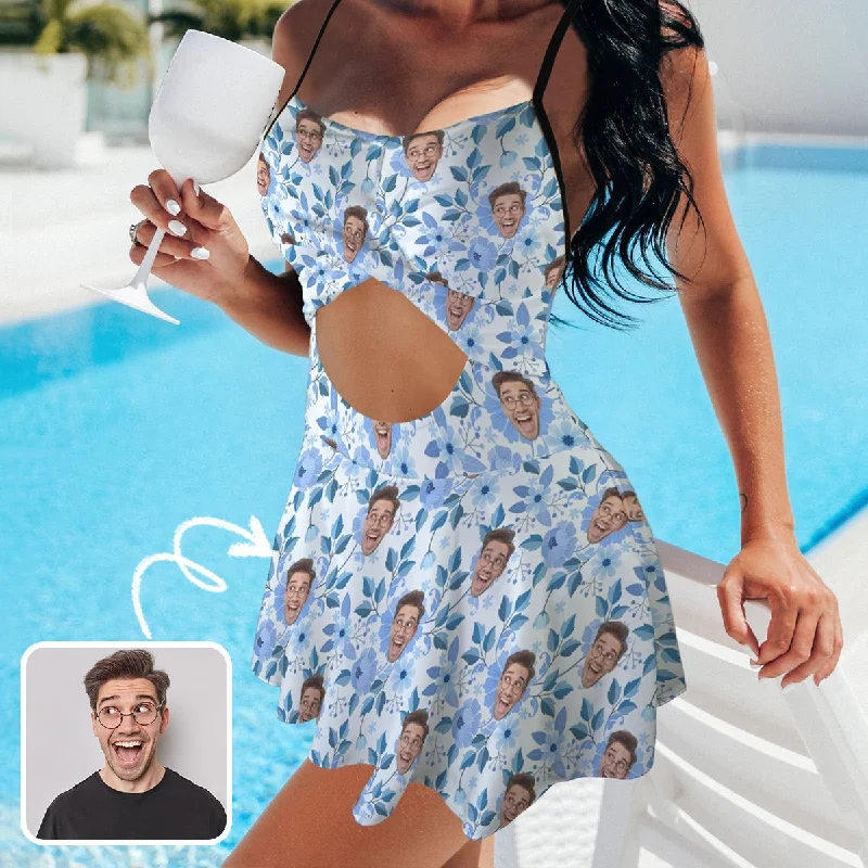 Personalized Face Blue Swimsuit Dress Custom Face Blue leaves Women's Cutout Cross Back Swimming Dress Beach Ready Swimsuit