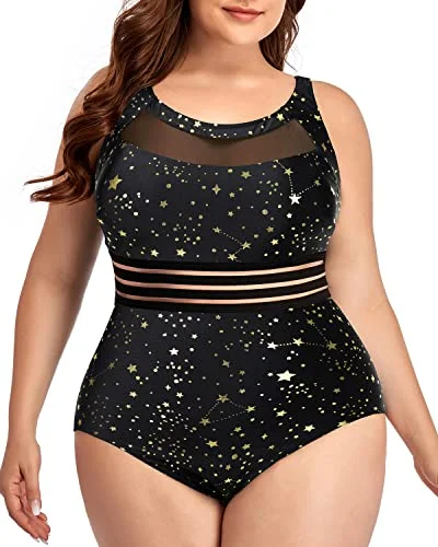 Women One Piece Swimsuits Plus Size Mesh High Neck Vintage Bathing Suits-Gold Stars Classic Swimsuit Design