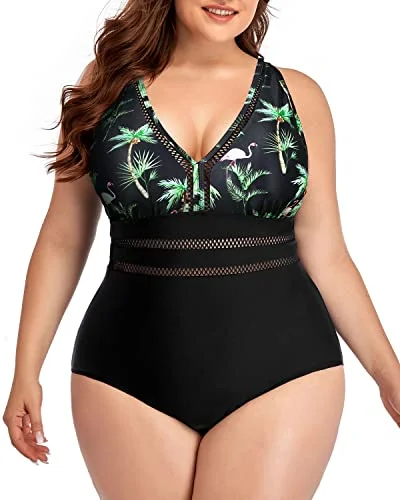 Tummy Control Cheeky One Piece Swimsuits For Women Plus Size-Black Palm Tree Strappy Back Bikini