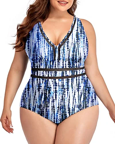 Padded Push Up Bra One Piece Swimsuits For Women Plus Size-Blue Tie Dye Elegant Swim Dress