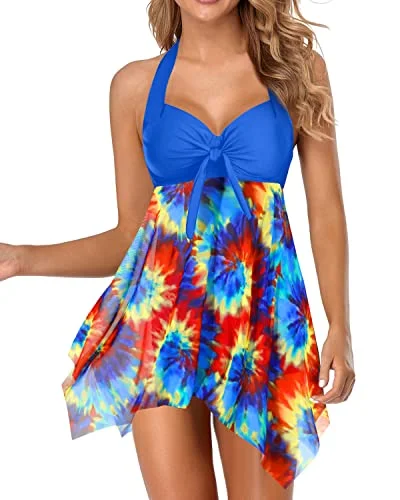 Push Up Two Piece Swim Dress With Boyshorts Underwire Swimsuits-Tie Dye Sleek Full Coverage