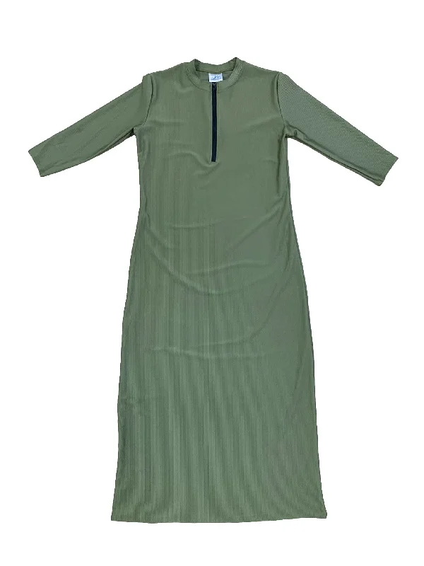 Green Half Zip Ribbed Maxi Swim Dress Fun Pattern Swimsuit