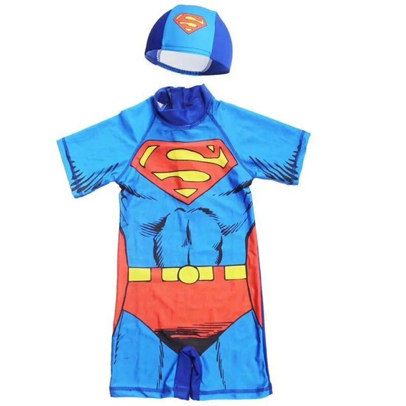 Superman Swimming costume for Kids with Cap Strapless Swimsuit Top