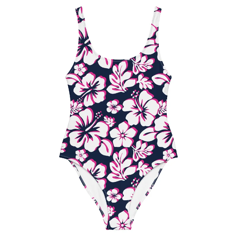 White and Hot Pink Hawaiian Flowers on Navy Blue One Piece Swimsuit Floral Print Swimsuit