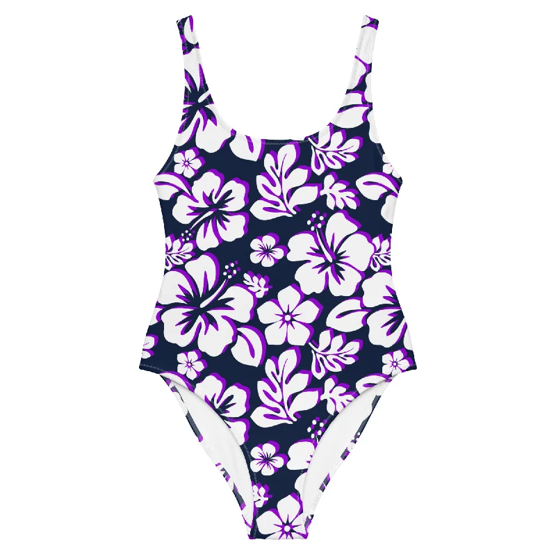 White and Purple Hawaiian Flowers on Navy Blue One Piece Swimsuit Classic Swimsuit Design