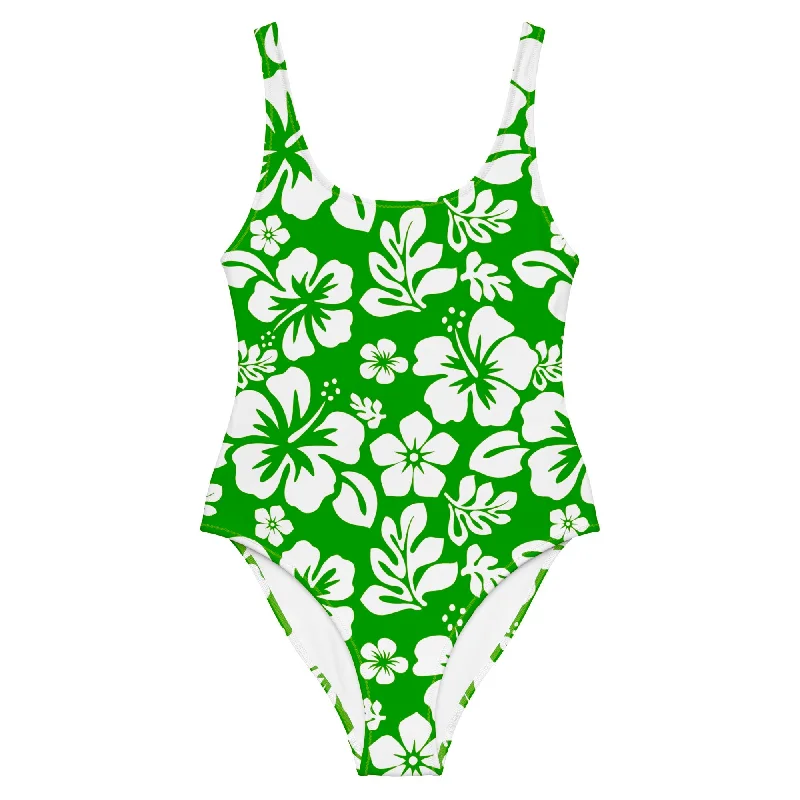 White Hawaiian Flowers on Fresh Green One-Piece Swimsuit Plunge Back Swimsuit