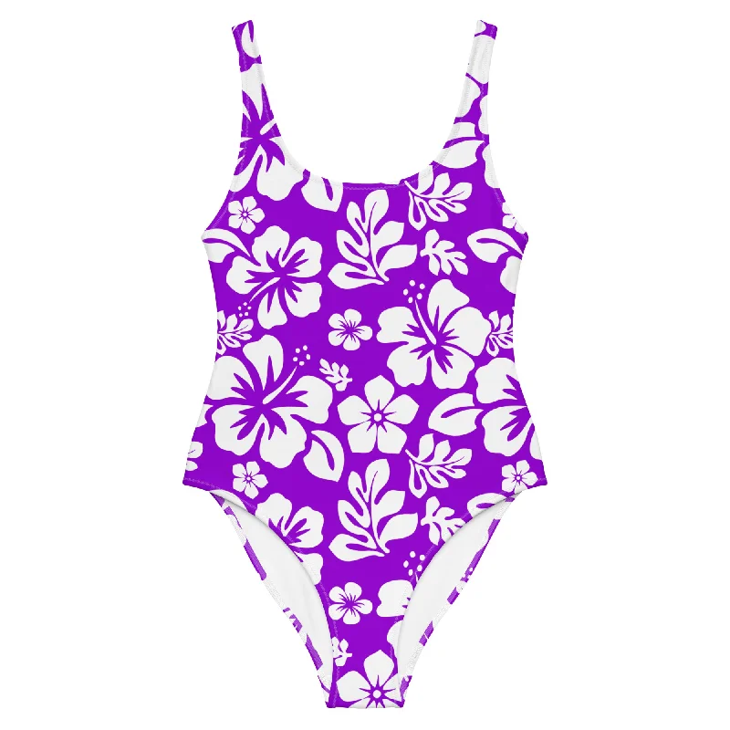 White Hawaiian Flowers on Purple One-Piece Swimsuit Floral Bikini Top