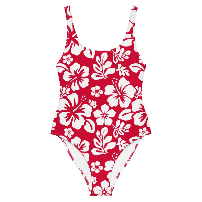 White Hawaiian Flowers on Red One Piece Swimsuit Minimalist One-Piece