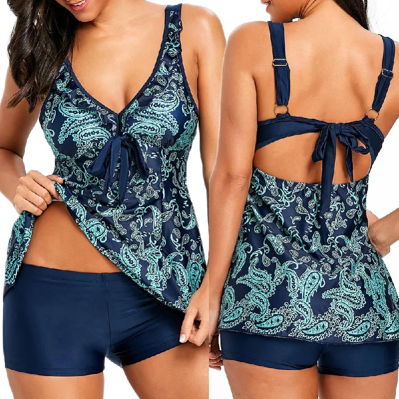 Women Sexy Floral Print Beachwear Tankini Set Swimdress Quick-Dry Tankini