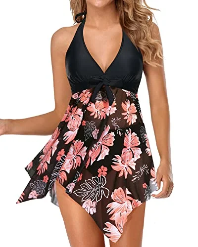 Women Two Piece Swim Dress Swimsuit Halter Bathing Suit Dress Sleek Full Coverage