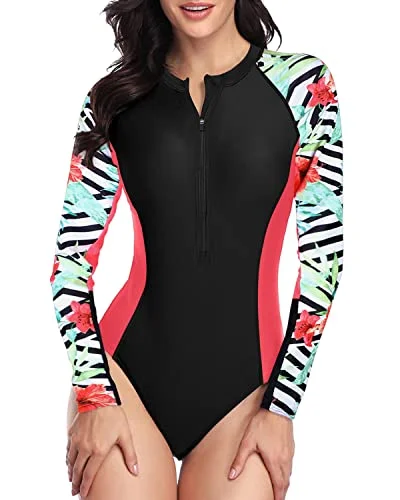 Full Coverage One Piece Long Sleeve Rash Guard Swimsuit-Black And Striped Leaves Quick-Dry Swimsuit