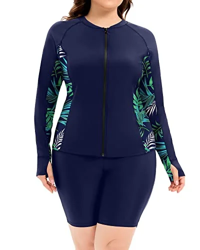 Women's Plus Size Athletic Swimwear Rash Guard And Shorts-Blue Leaf Chic Beach Cover-Up