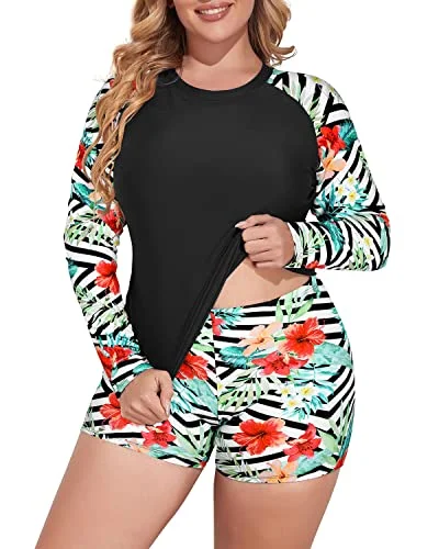 Plus Size Long Sleeve Rash Guard Swimsuit Set Boy Short Swimwear-Black And Striped Leaves Modern High-Waisted Swimsuit