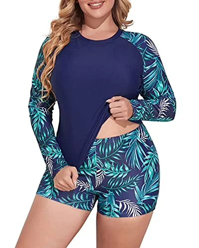 Women's Plus Size Rash Guard Tankini Boyshorts-Navy Blue Leaf Vintage Swimwear Look