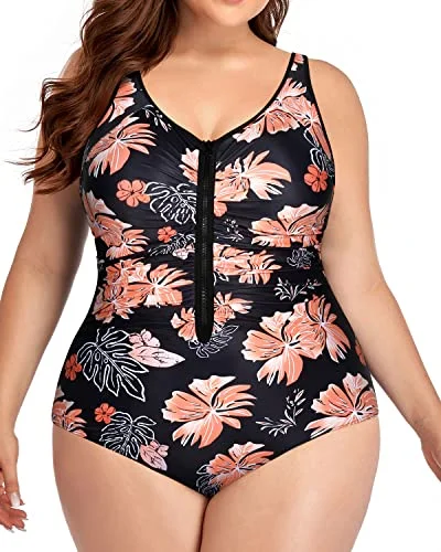 Athletic Plus Size One Piece Zipper Swimsuits For Water Sports-Black Orange Floral Button-Front Swimsuit