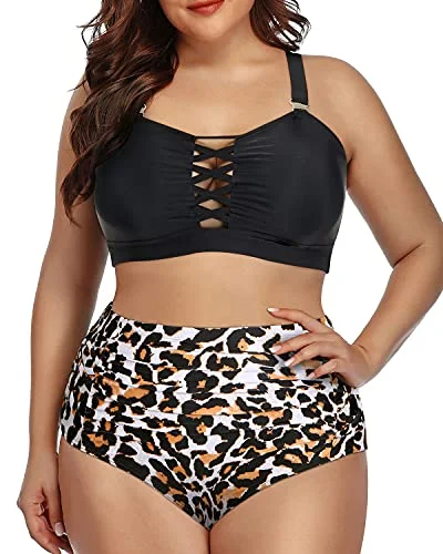 Criss Cross High Waisted Bikini Swimsuit For Plus Size Women-Black And Leopard Classic Sporty Swimsuit