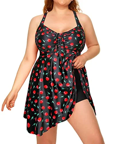 Plus Size Flowy Tankini Swimdress Boyshorts For Women-Black Cherry Plus-Size Bikini Set