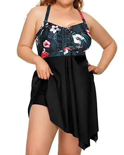 Retro Elegant Tankini Two Piece Swimdress Boyshorts For Women-Black Floral Ruched Swimwear Set