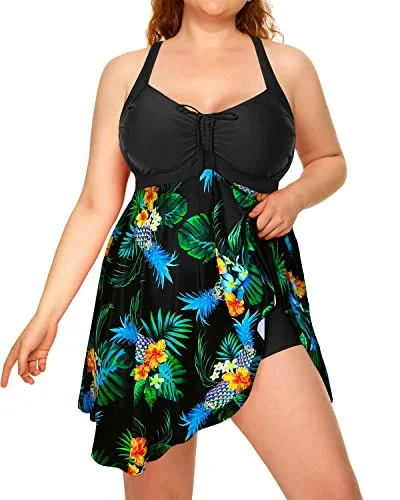 Sexy Cross-Back Flowy Tankini Swimsuits For Plus Size Women-Black Pineapple Classic Two-Piece Bikini