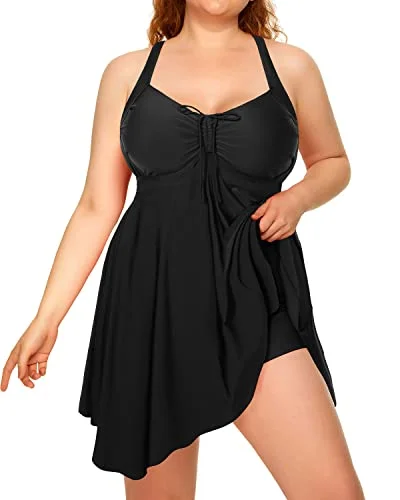 Women's Flowy Tankini Bathing Suit Plus Size Two Piece Swimdress-Black Solid Color Swimsuit