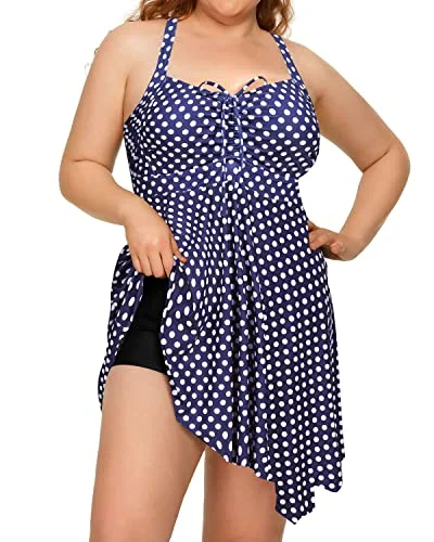 Stylish And Comfortable Plus Size Two Piece Swimdress Boyshorts For Women-Blue Dot Strappy Back Bikini