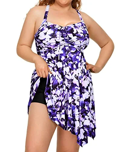 Padded Bra Slimming Two Piece Swimdress Boyshorts For Women-Blue Floral Comfortable Tankini Set