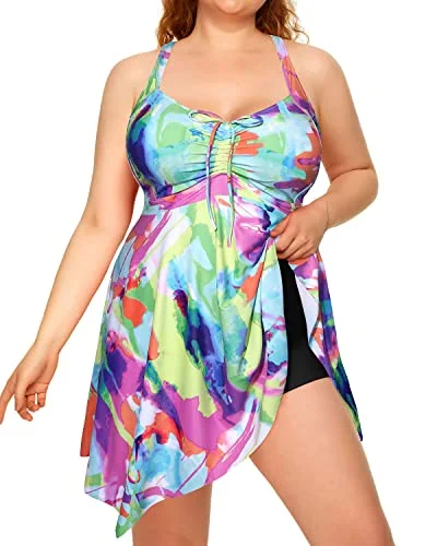 Adjustable Drawstring Flowy Two Piece Swimdress Boyshorts For Women-Color Tie Dye Sleek Mesh Bikini